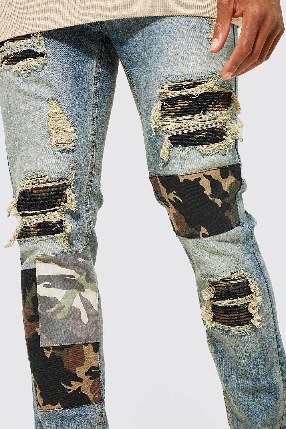 Jean skinny style biker d tails d chir s et imprim camouflage